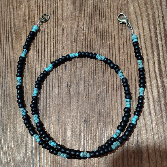 Black and Turquoise Beaded Necklace,  Handmade Men's Necklace,  Black - Picture 6 of 6